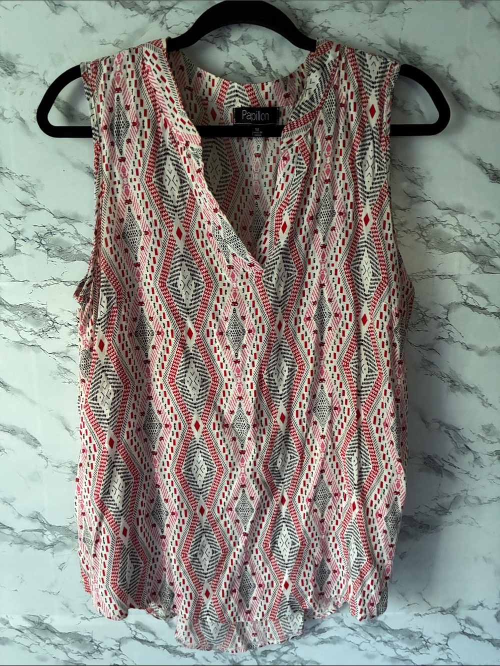 Papillon M Red/White Print V-Neck Blouse